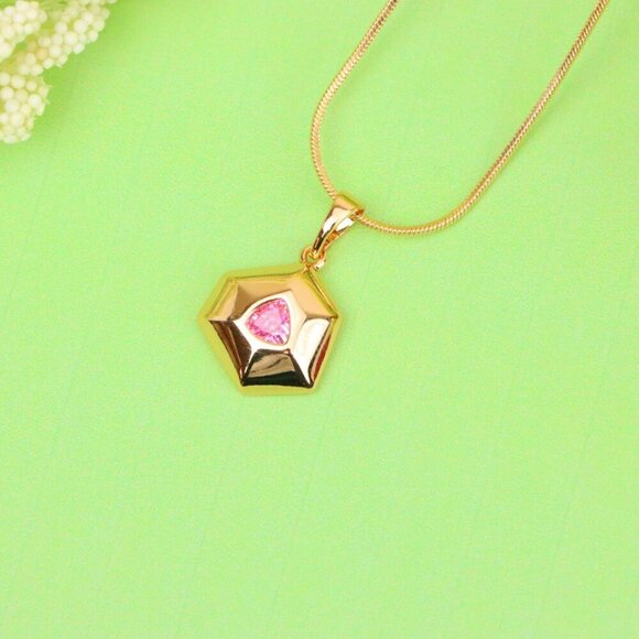 "Pink Geometric Gold-Plated Pendant with Trillion-Cut Center Stone, XPPT1752 - Picture 13 of 13